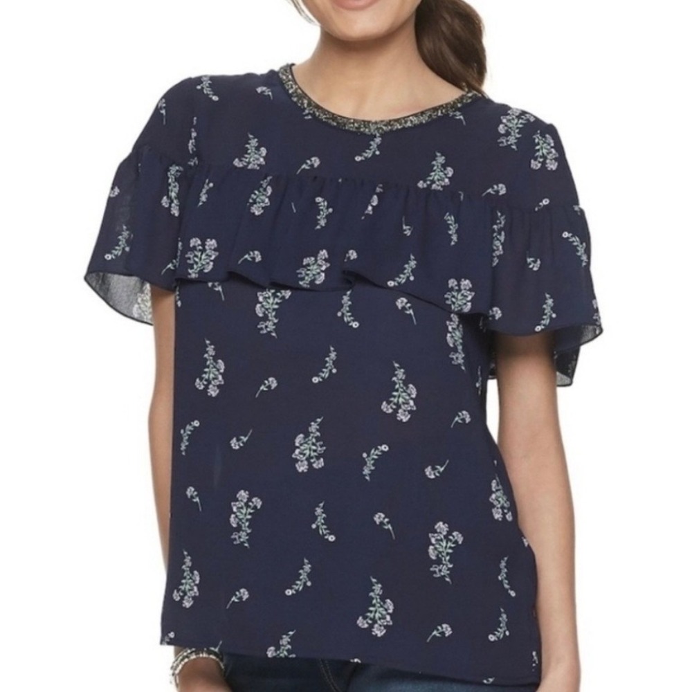 Juicy Couture Navy Blue Floral Ruffle Rhinestone Neck Chiffon Blouse Top XXL